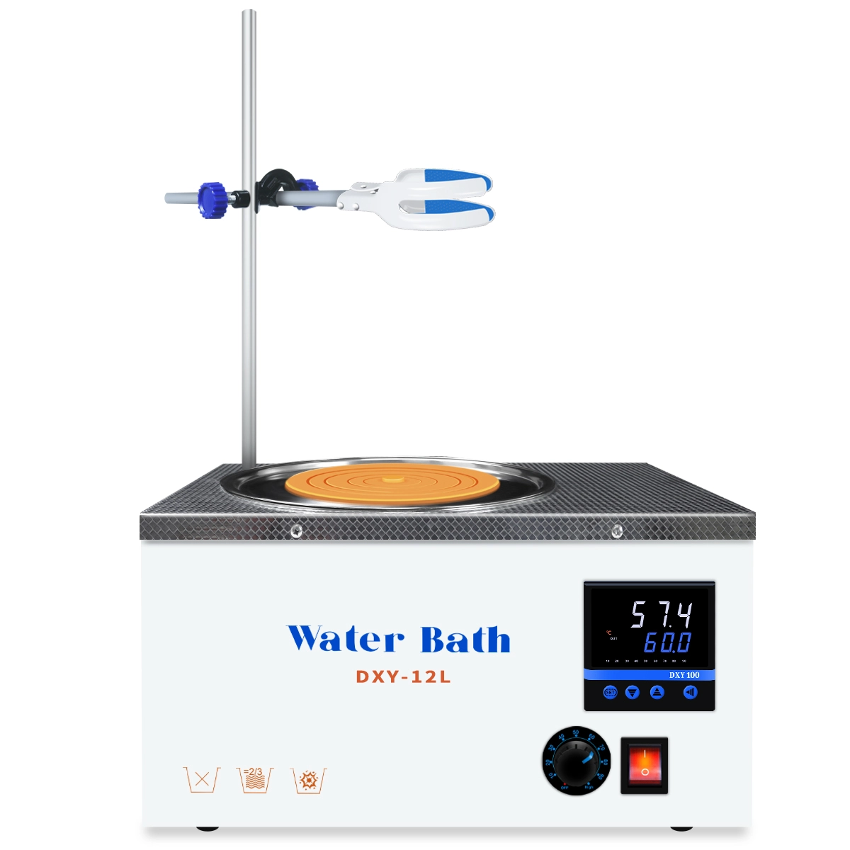 Front view of the 12L magnetic stirring lab water bath, model DXY-12LJ-TA, featuring LCD temperature control.