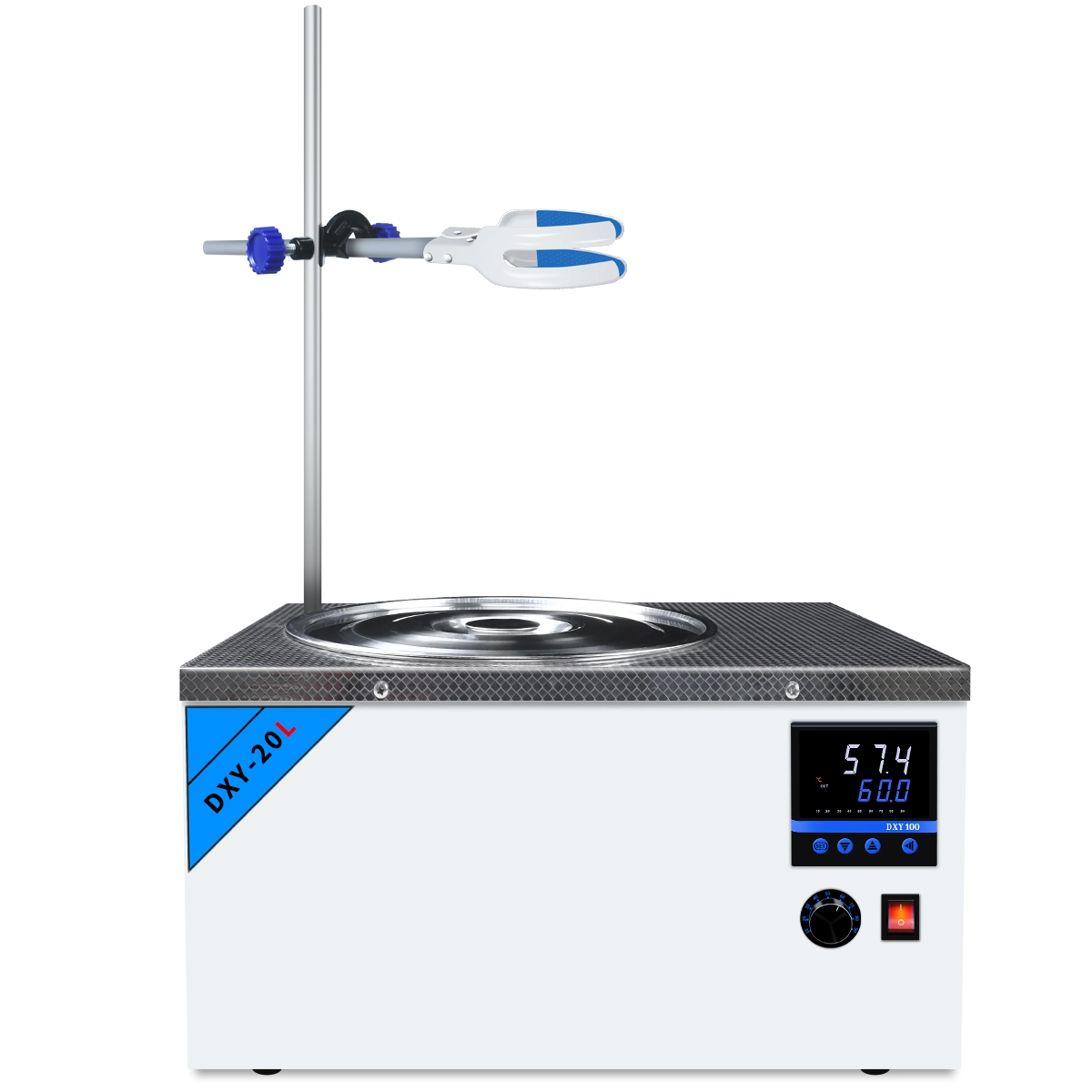 Front view of the 20L magnetic stirring lab water bath, model DXY-12LJ-TA, featuring LCD temperature control.