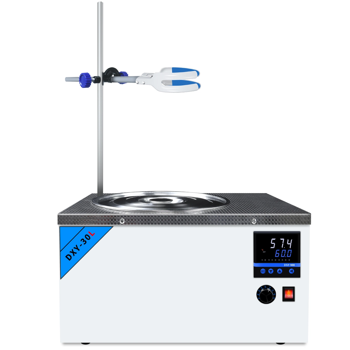 Front view of the heavy-duty 30L magnetic stirring lab water bath, model DXY-30LJ-TA, with support rod.