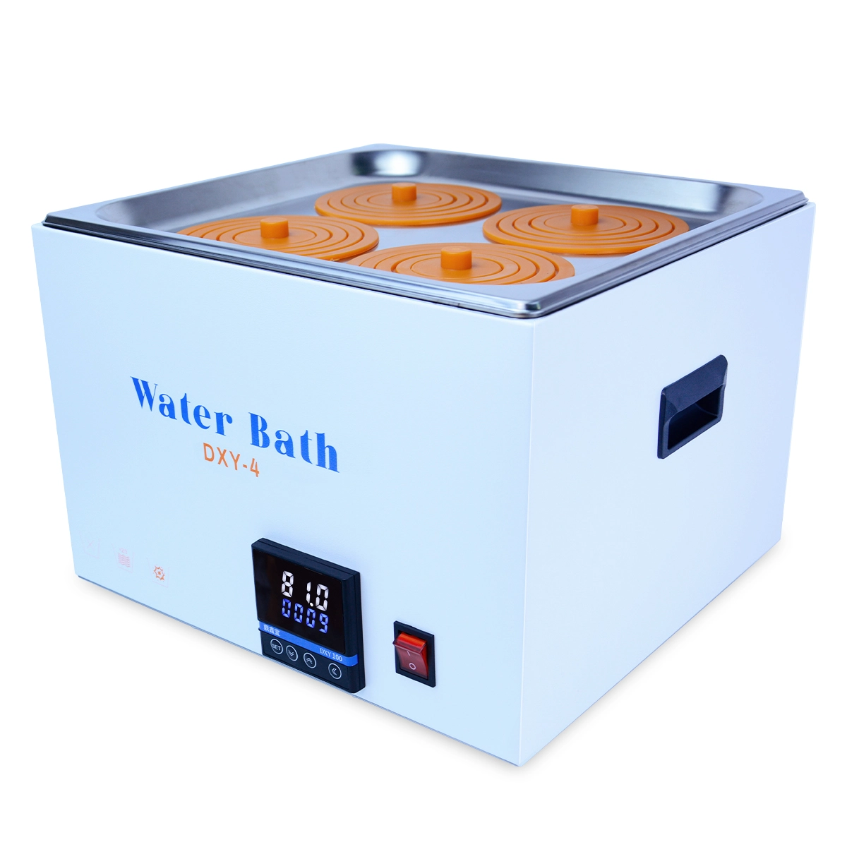 Top-down view of the LVDALAB four-hole digital water bath, designed for simultaneous heating of multiple samples in a laboratory setting.