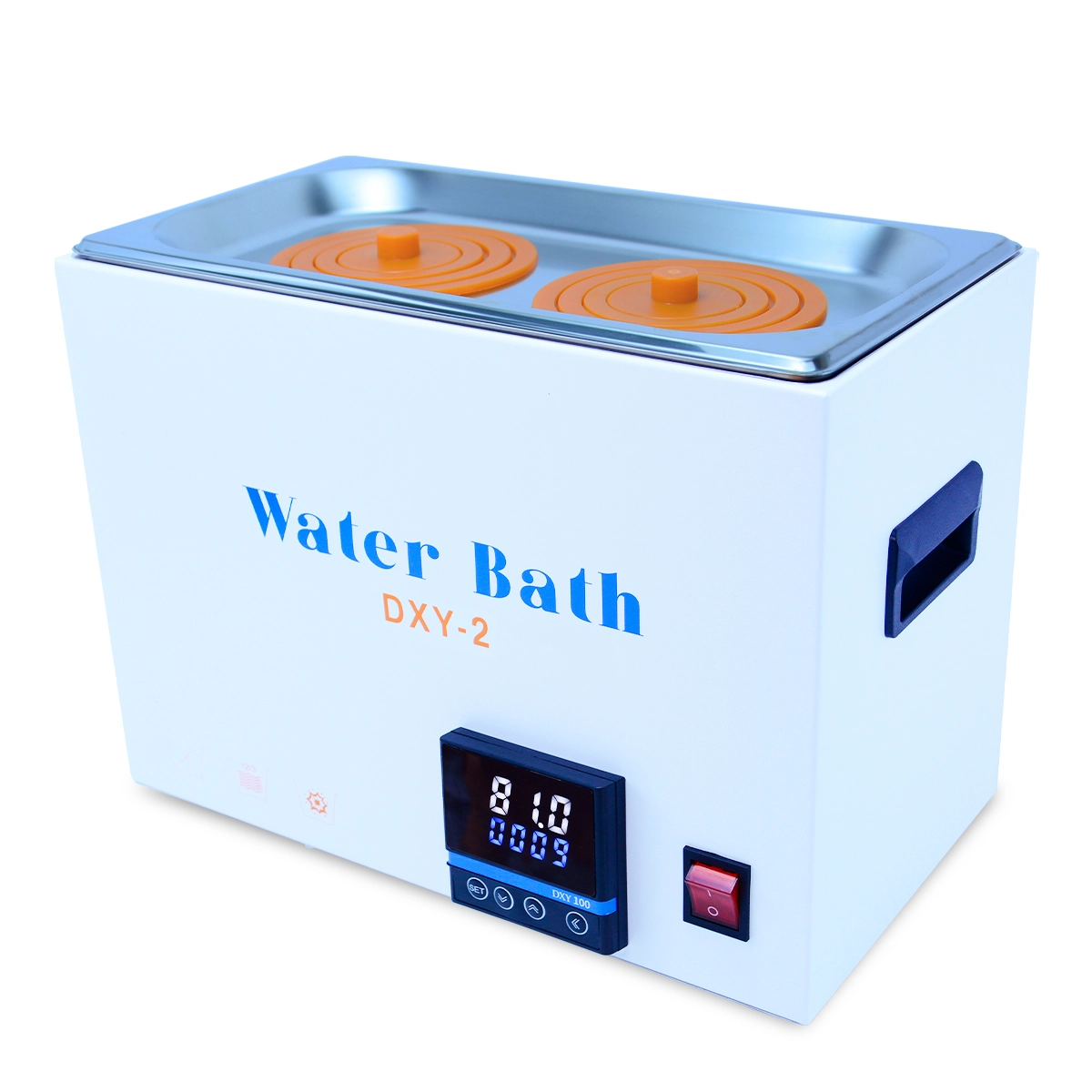 LVDALAB two-hole constant temperature laboratory water bath, featuring a durable stainless steel body and dual concentric ring lids.