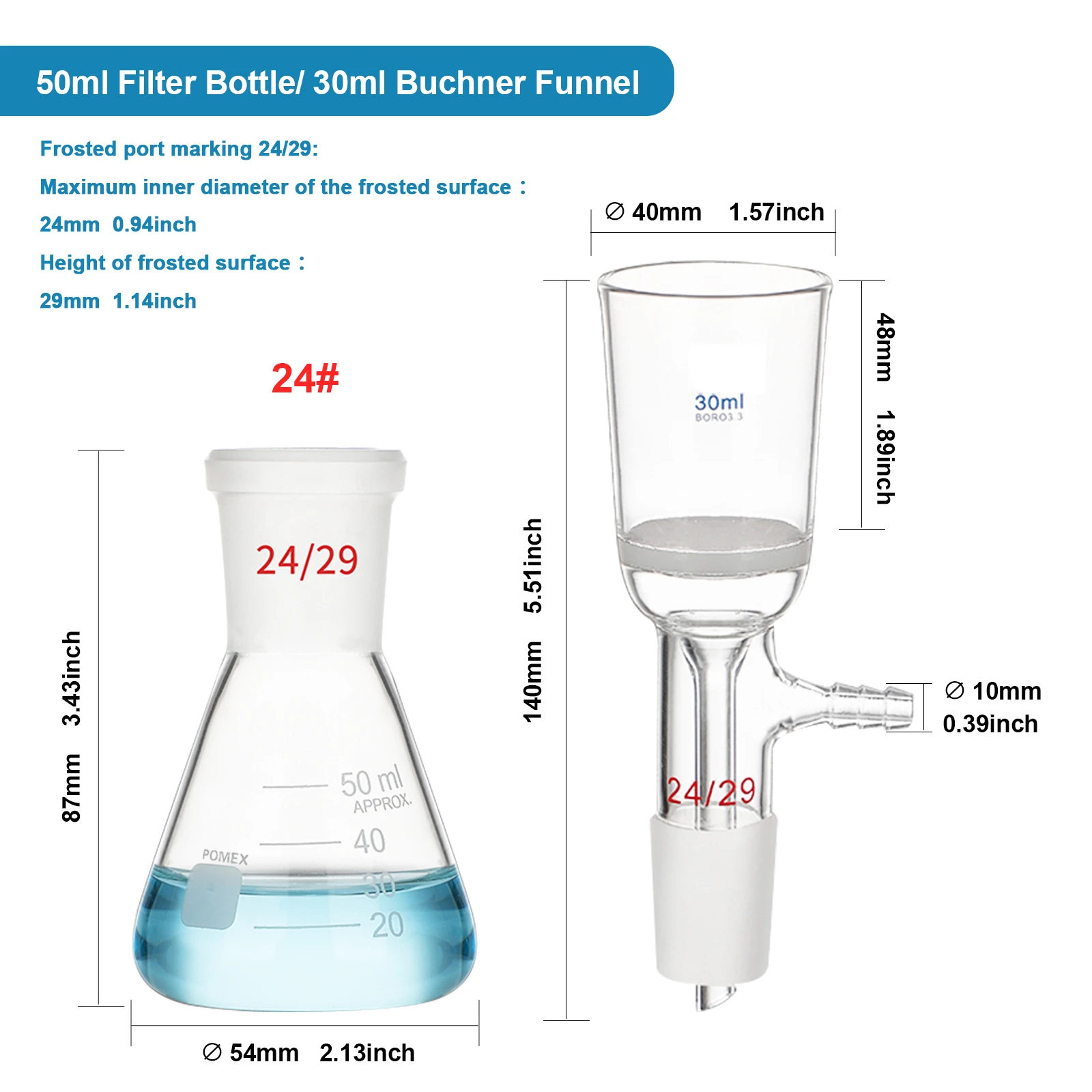 Dimensions of 50ml filter bottle and 30ml Buchner funnel