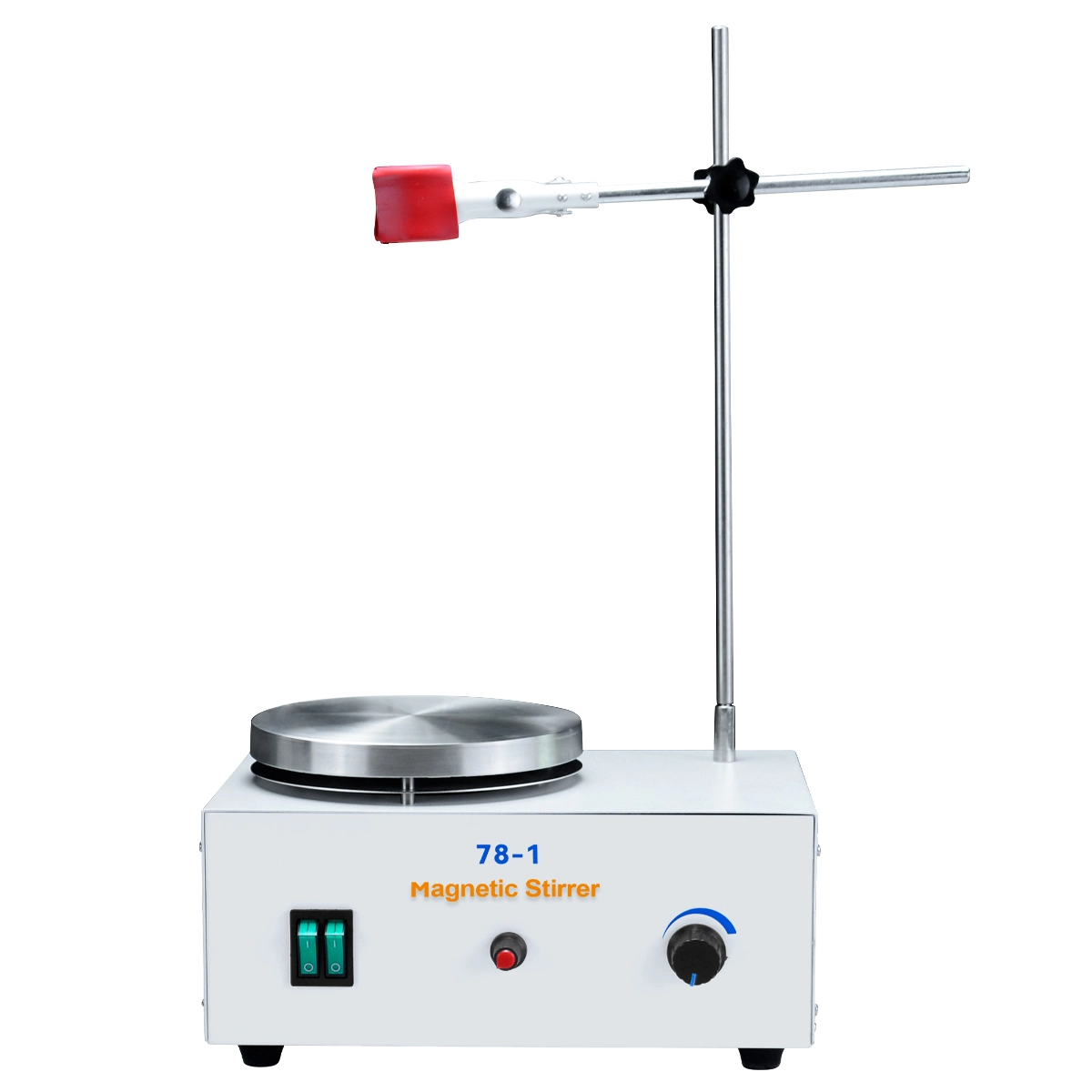 Front view of LVDALAB 78-1 analog magnetic stirrer hotplate with pointer voltage meter and 140mm stainless steel plate.