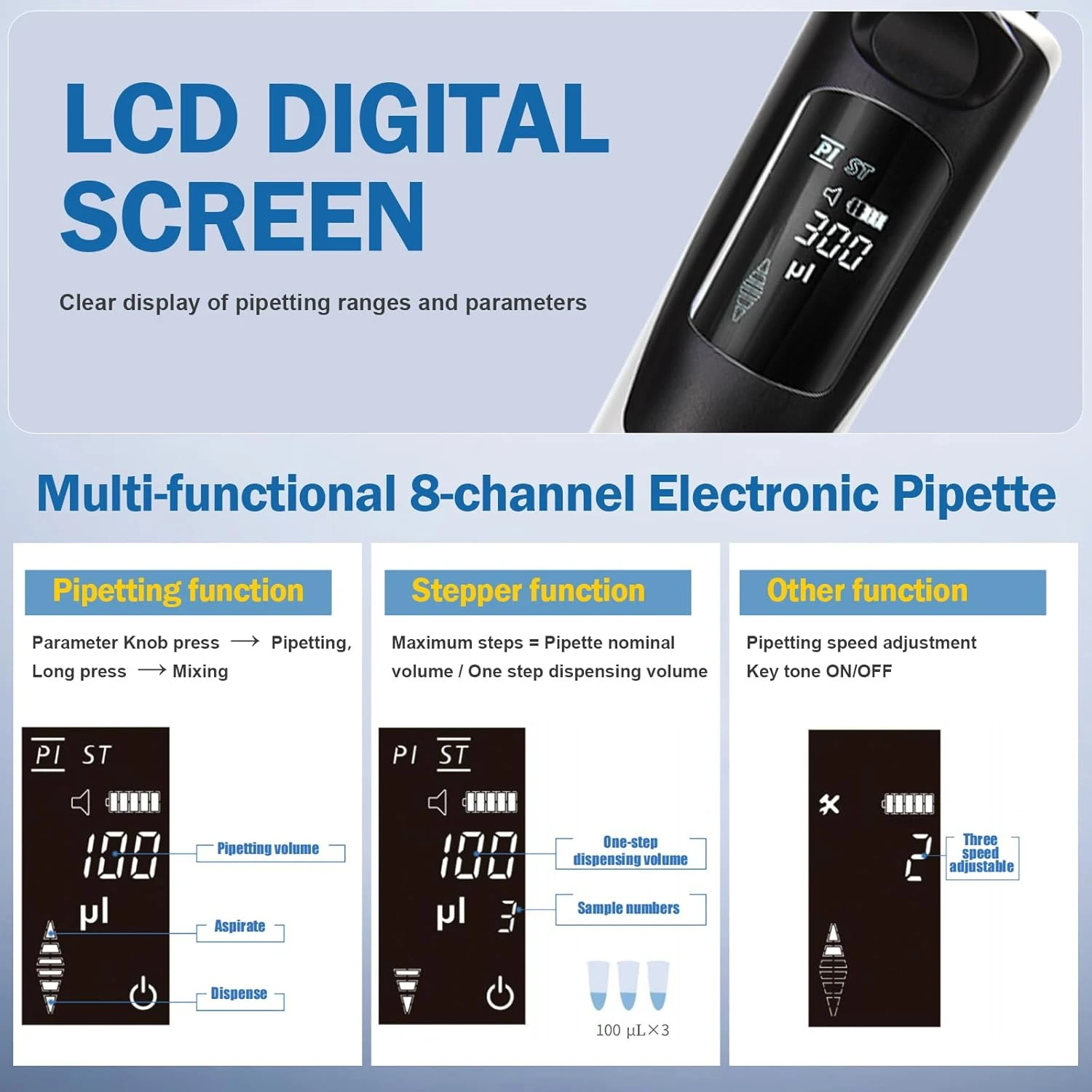 Technical features of 8-channel electronic pipette