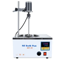 Front view of LVDALAB DXY-2HD compact electric overhead stirring oil bath, featuring a digital PID controller and stainless steel inner tank.