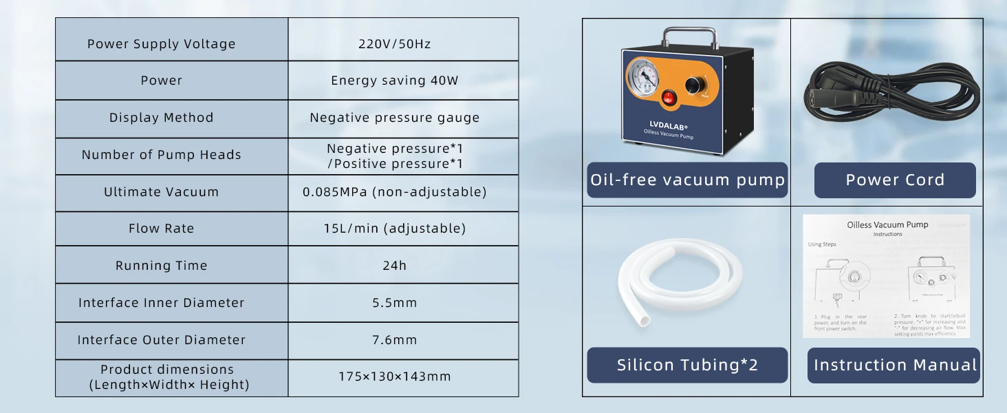LVDALAB Oilless Vacuum Pump features including pressure gauge and speed control