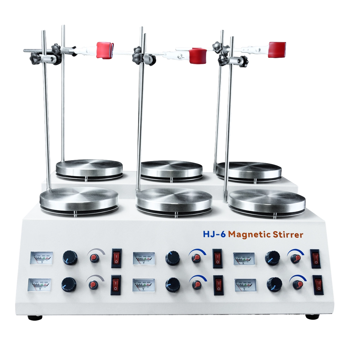LVDALAB HJ-6 6-position high-efficiency analog magnetic stirrer for large-scale laboratory parallel processing.