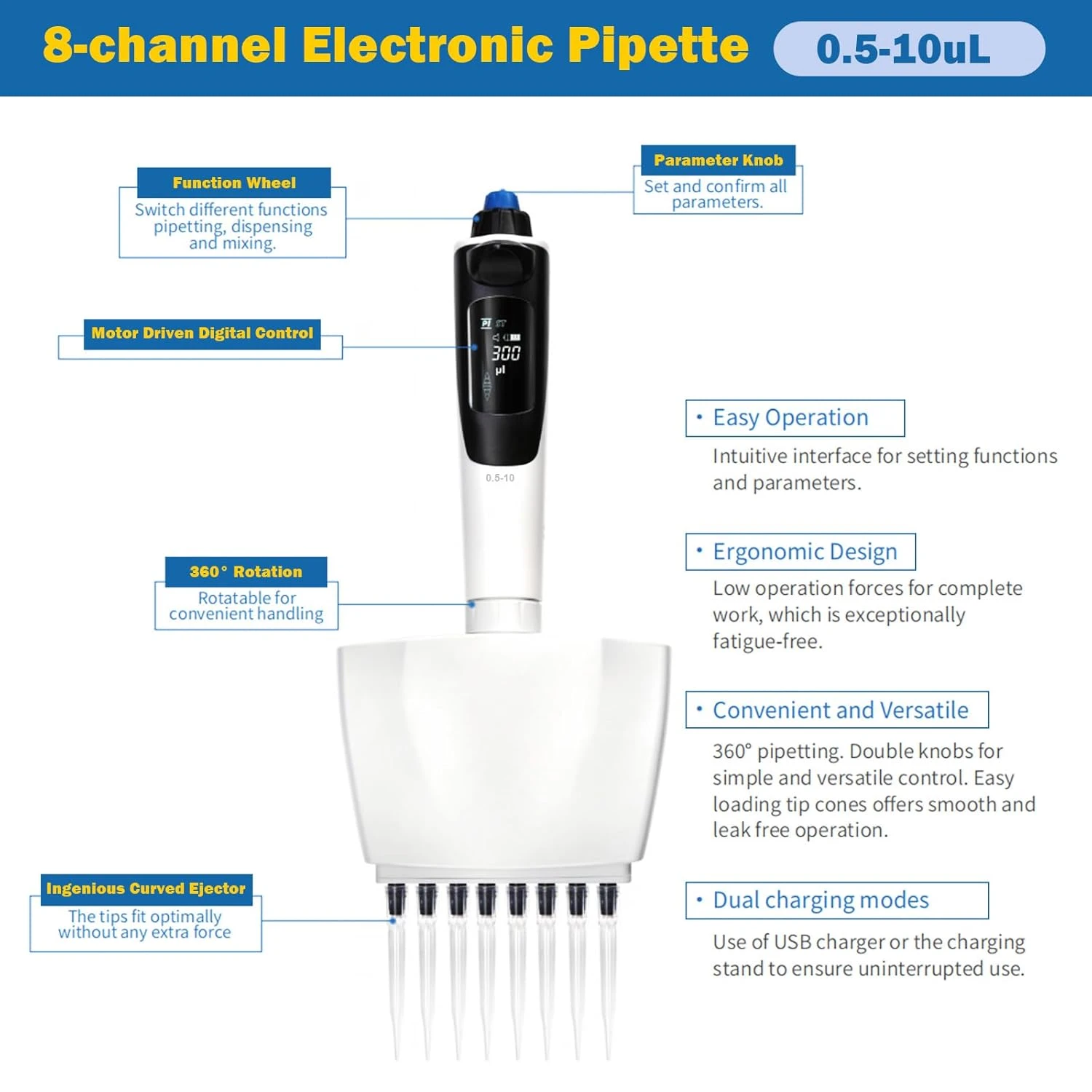 Dual charging modes USB and stand charger for pipette