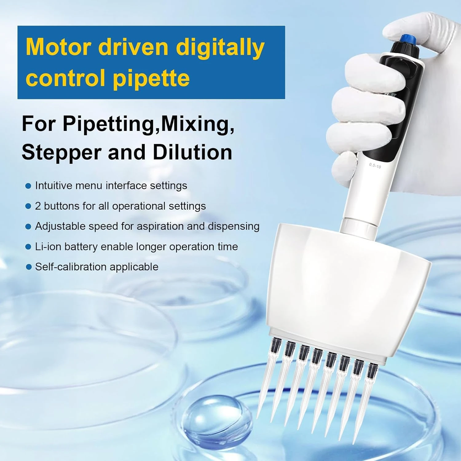 LCD digital screen showing pipetting and stepper functions