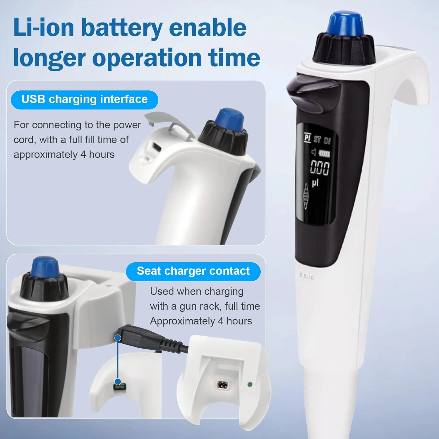 Li-ion battery and dual charging modes for pipette