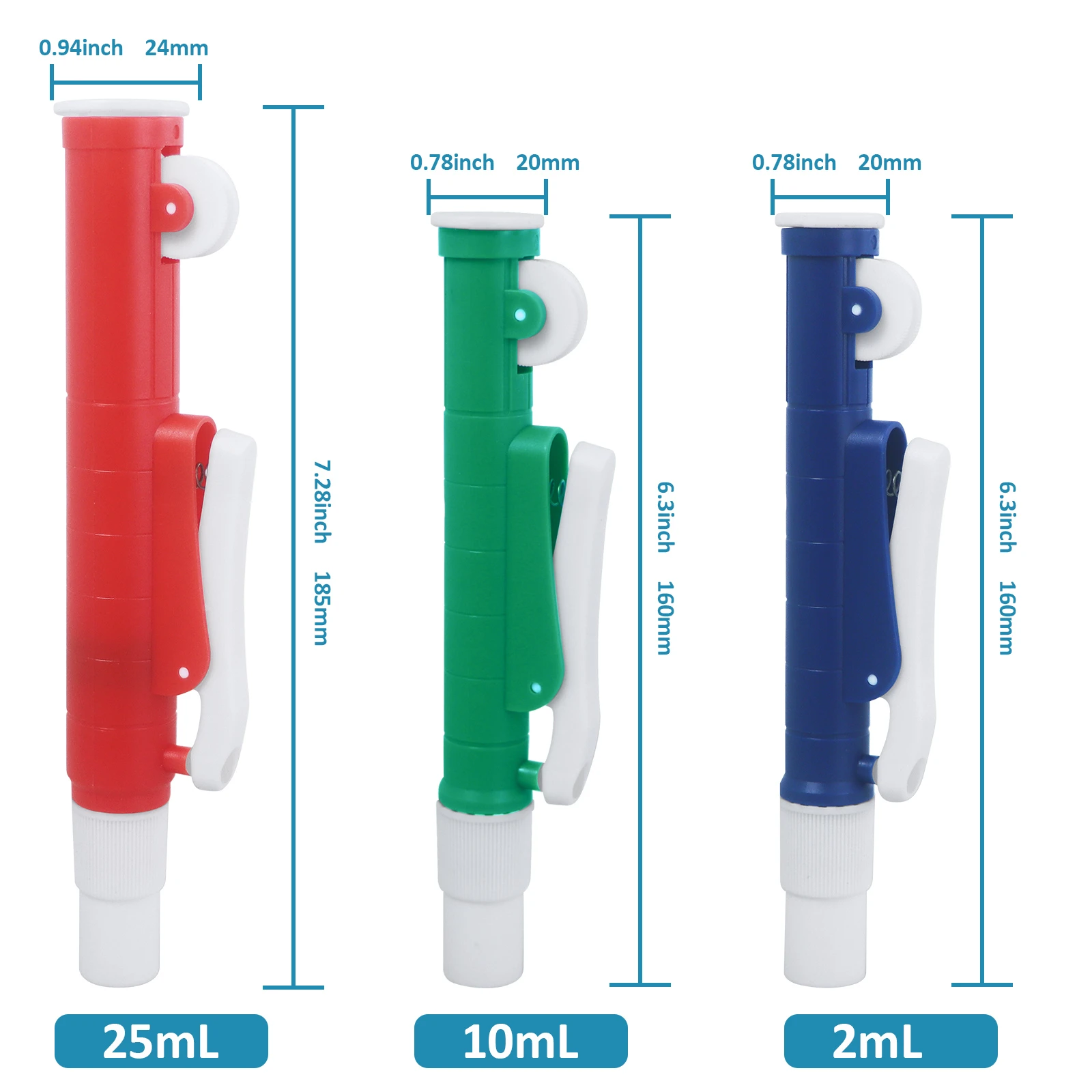 Pipette pump dimension size chart 2ml 10ml 25ml