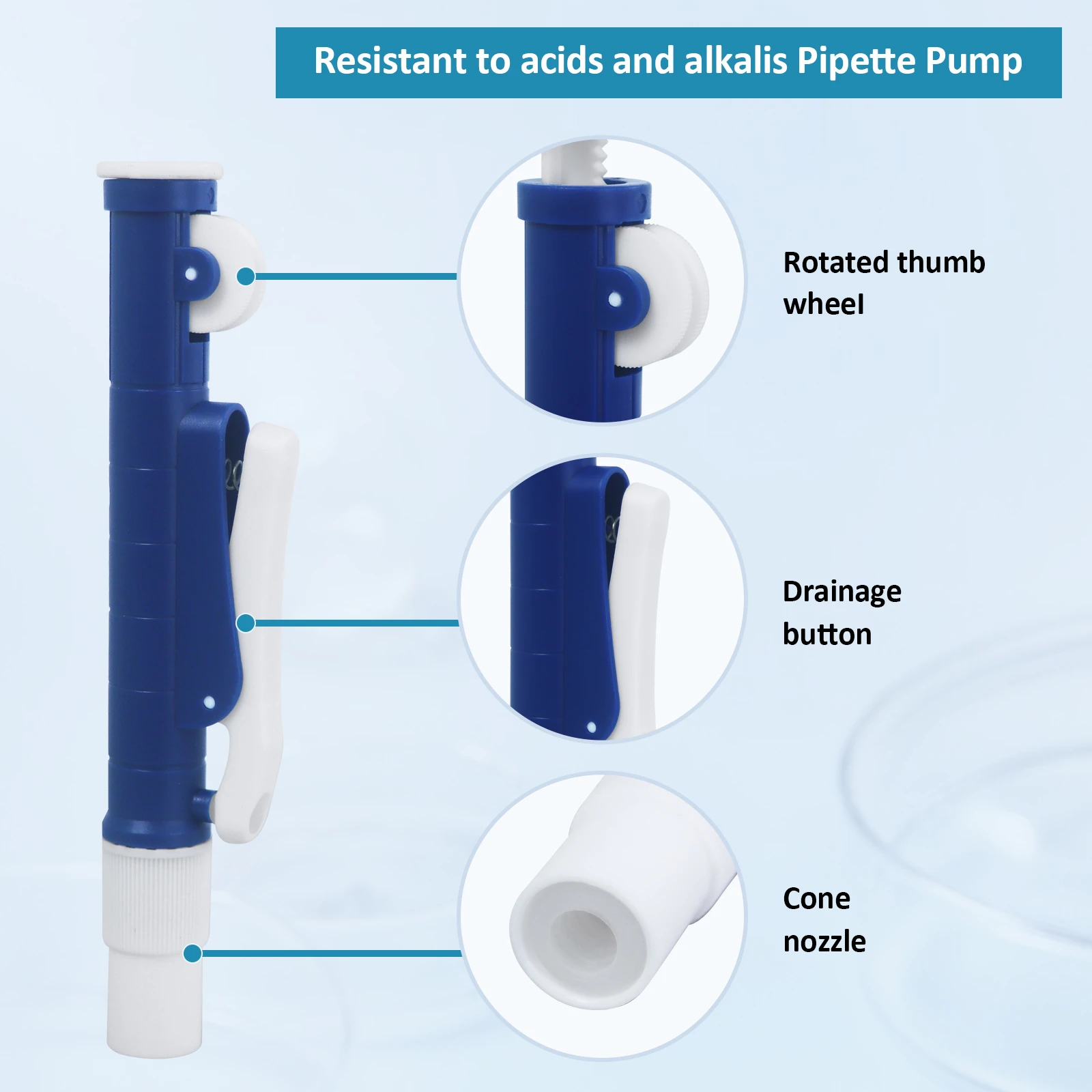 Pipette pump features: thumb wheel and drainage button