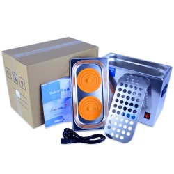 Complete kit contents for the LVDALAB multi-hole water bath, including the main unit, two-hole concentric ring lid, sample rack, power cord, and user manual.