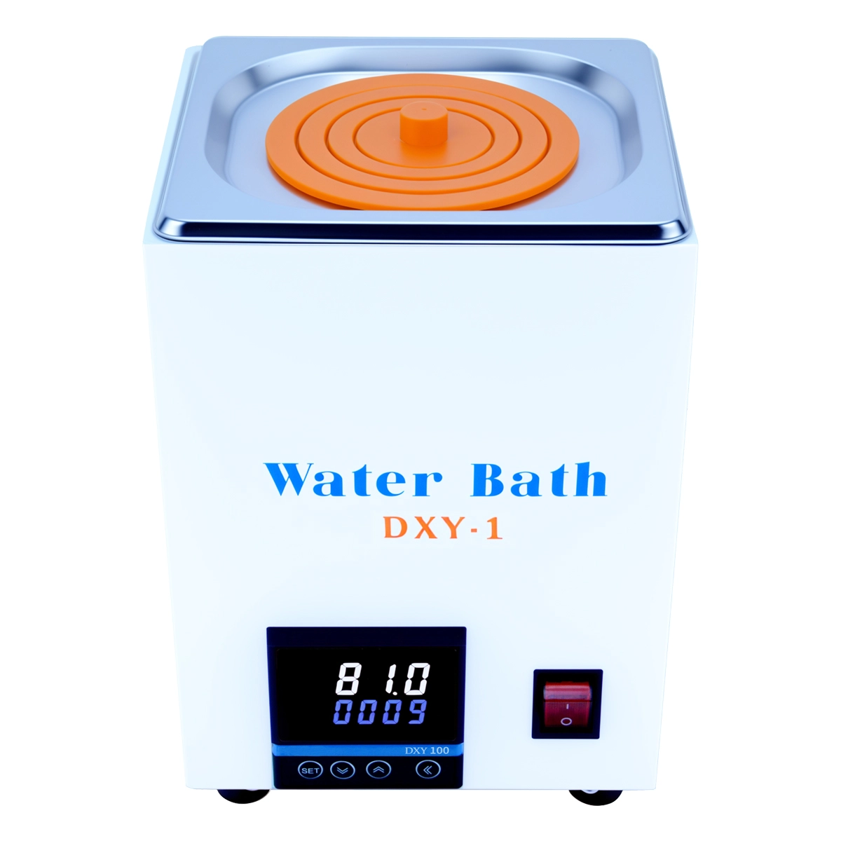 Front view of the LVDALAB single-hole digital laboratory water bath, showing the stainless steel chamber and digital temperature control panel.