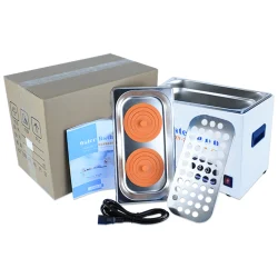 Complete kit of a multi-hole laboratory digital water bath, including the stainless steel chamber, lid, rack, and power cord.