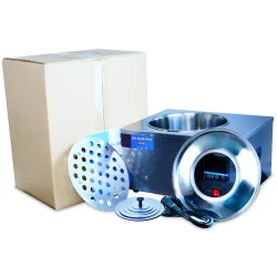 Complete kit contents for the LVDALAB DXY-SH series single-hole oil bath, including the main unit, lid, stir bar, support rod, clamps, and user manual.