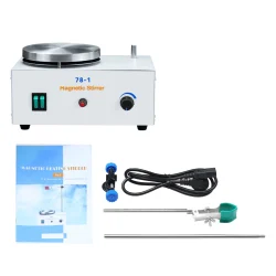 Complete unboxed kit for LVDALAB magnetic stirrers, including support rods, clamps, stir bars, and power cable.