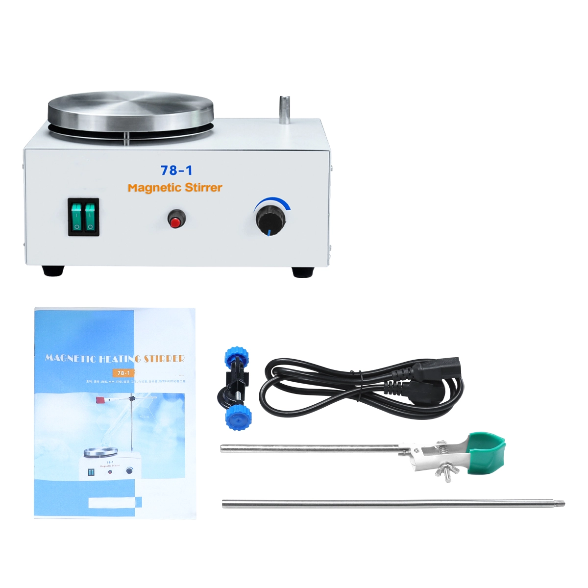 Complete unboxed kit for LVDALAB magnetic stirrers, including support rods, clamps, stir bars, and power cable.