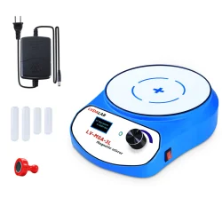 Complete accessory kit for LVDALAB magnetic stirrers, including a power adapter, PTFE-coated magnetic stir bars, and user manual.
