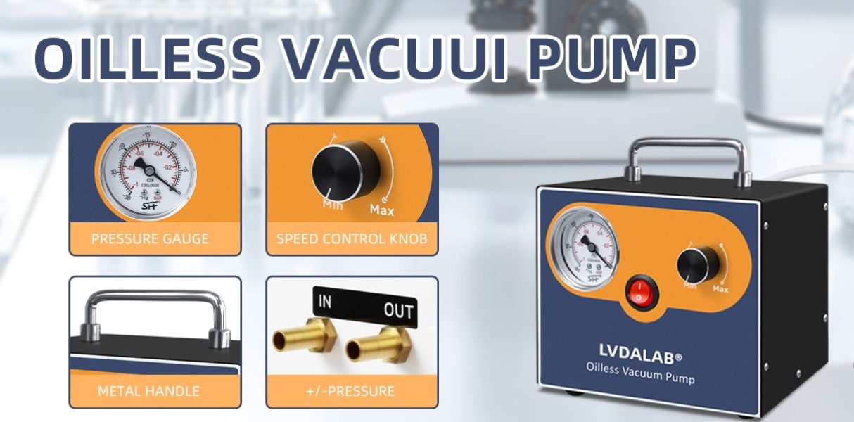 LVDALAB oilless vacuum pump features including pressure gauge and speed control knob